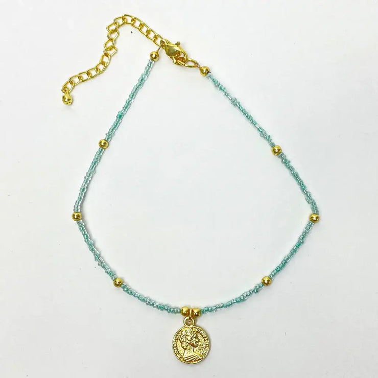 Baby Blue Beaded Choker with Brass Coin Pendant