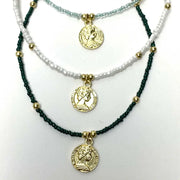 Baby Blue Beaded Choker with Brass Coin Pendant