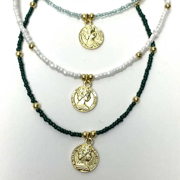 Baby Blue Beaded Choker with Brass Coin Pendant