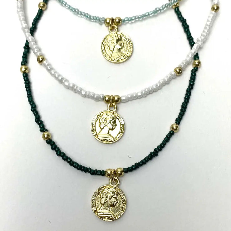 Baby Blue Beaded Choker with Brass Coin Pendant