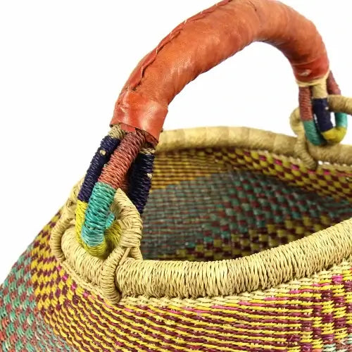 “Close-up of Bolga basket weave texture and colorful stripes, handwoven elephant grass”