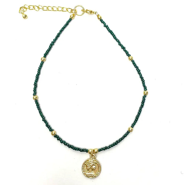 Green seed bead bracelet with gold accents and coin pendant – boho jewelry gift