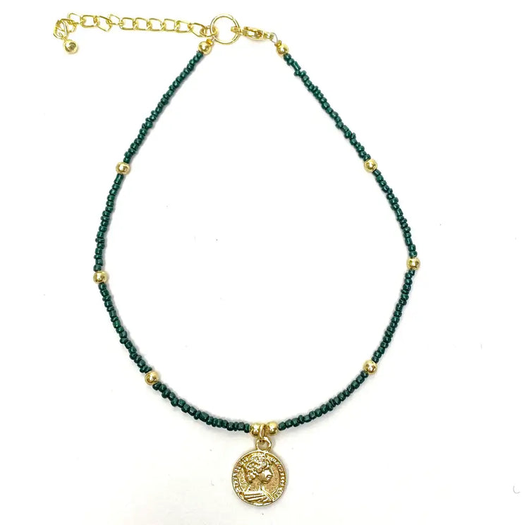 Green seed bead bracelet with gold accents and coin pendant – boho jewelry gift