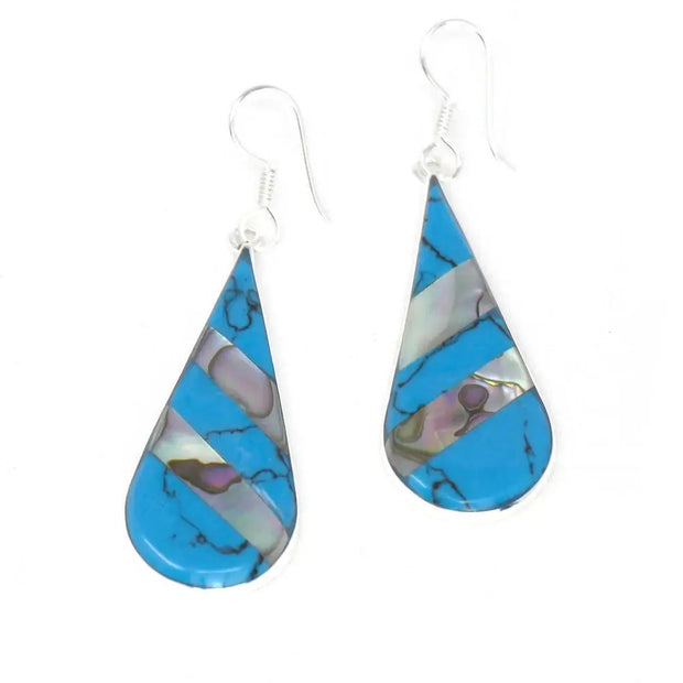 Bohemian style turquoise teardrop earrings with natural abalone shell stripes