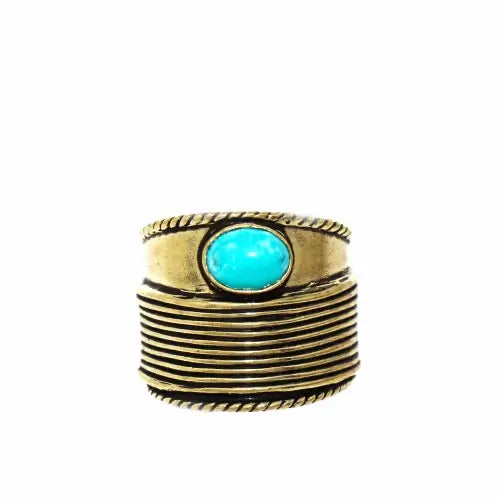 Bold chunky turquoise stone adjustable brass ring – boho statement jewelry