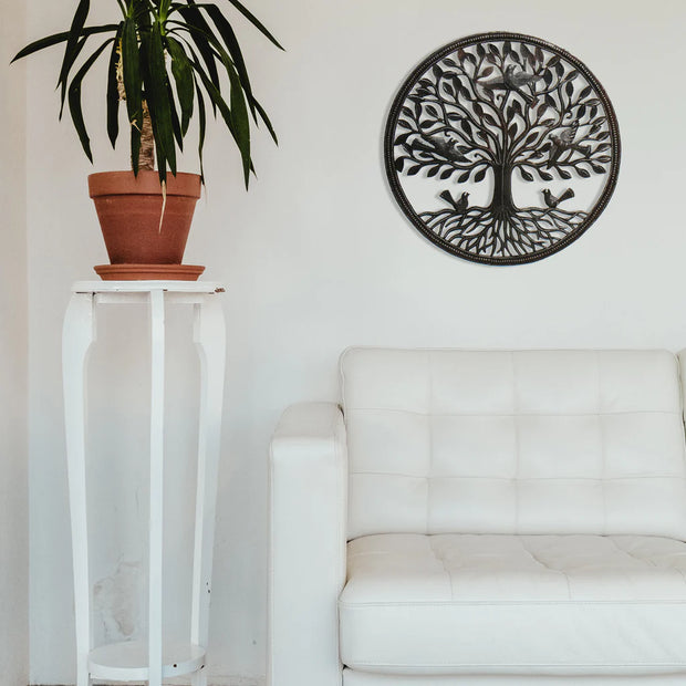 Fair-trade recycled metal Tree of Life wall art, coated with protective lacquer