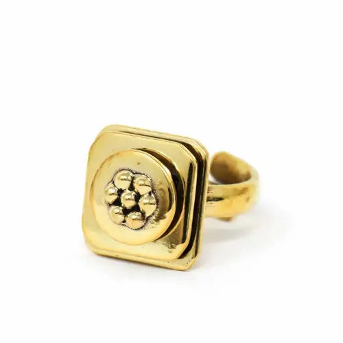 Handmade gold square adjustable ring with artisan detail – fair trade boho jewelry