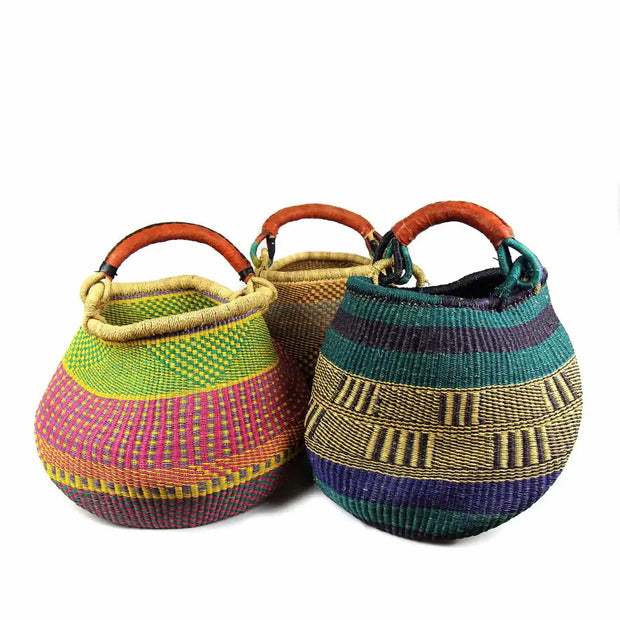 “Handwoven Bolga pot design market basket in mixed colors, Ghana artisan basket with leather wrapped handle”