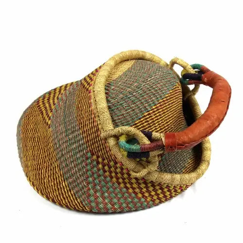 “Pot-shaped market basket with leather handle wrap, vibrant natural tones from Ghana artisans”