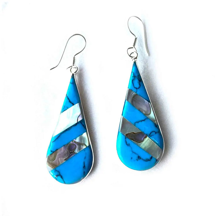 Handmade turquoise and abalone striped teardrop earrings – artisan boho jewelry
