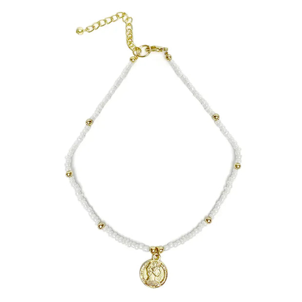 Sustainable boho choker with white beads and brass coin charm