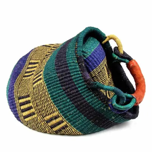 “side shot of multicolor Bolga pot basket, artisan crafted and unique pattern”