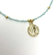 Baby Blue Beaded Choker with Brass Coin Pendant