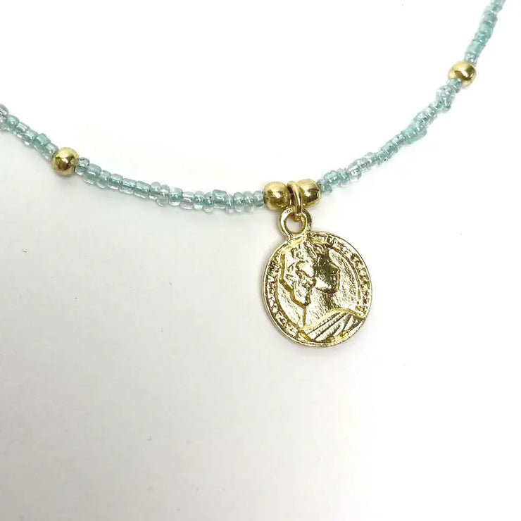 Baby Blue Beaded Choker with Brass Coin Pendant