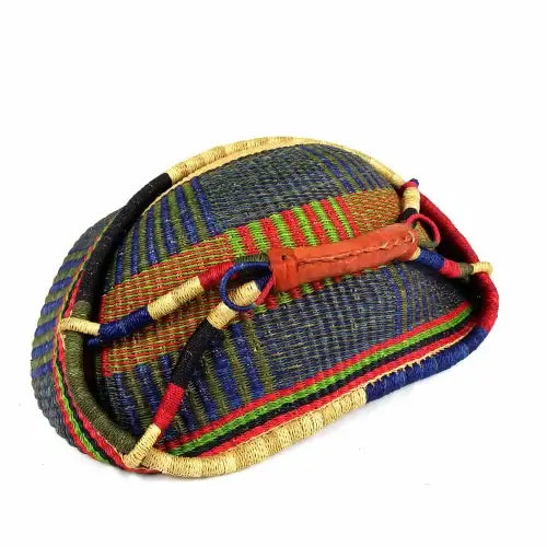 view of Ghana handwoven Bolga basket, showcasing elephant grass weave and handle”