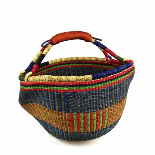 “One Mixed color Bolga pot basket displayed upright, showing shape and pattern detail”