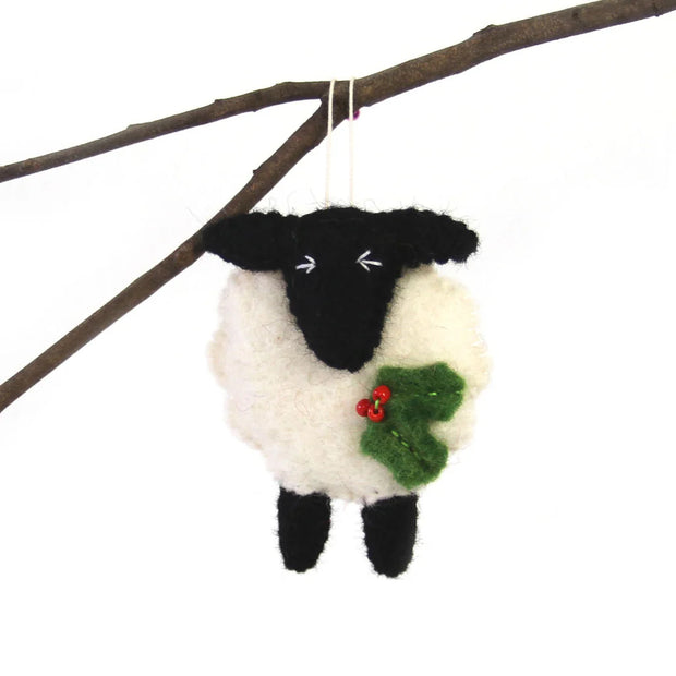 Hand-felted sheep Christmas ornament made from natural wool