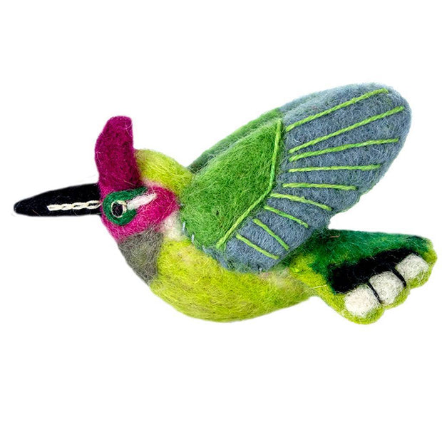 Handcrafted felt hummingbird ornament made from natural wool