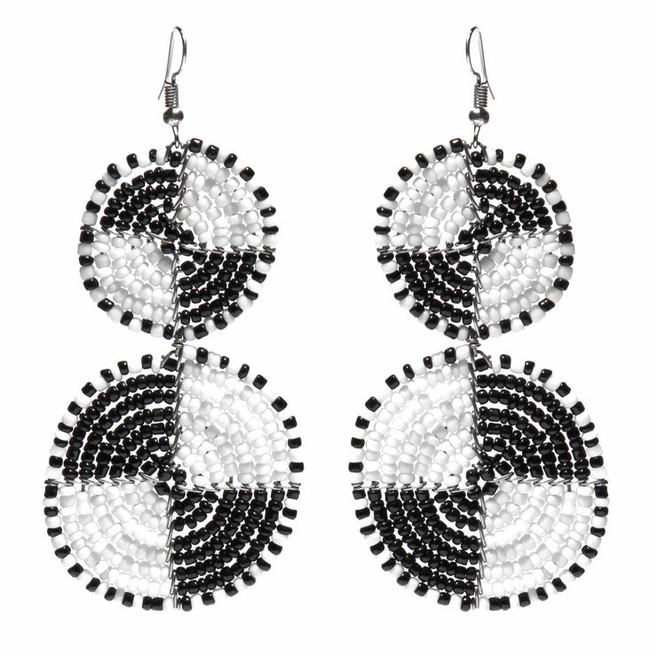 Handmade Maasai Harmony Earrings – black and white beaded fair-trade jewelry