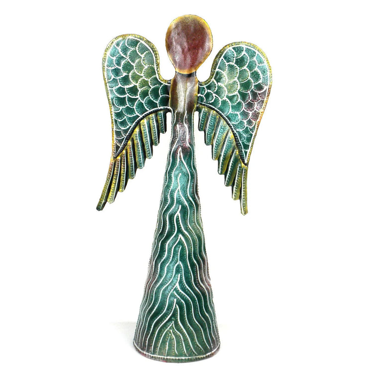 Hand-painted recycled metal angel — fair-trade handmade décor from Haiti