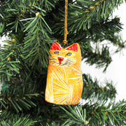 Set of two whimsical cat papier-mâché ornaments, handcrafted unique décor