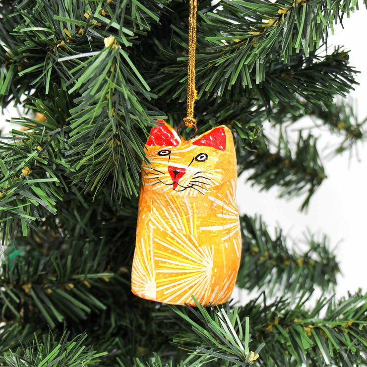 Set of two whimsical cat papier-mâché ornaments, handcrafted unique décor