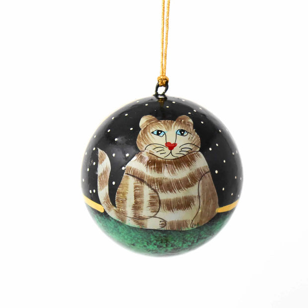 Set of two whimsical cat papier-mâché ornaments, handcrafted unique décor
