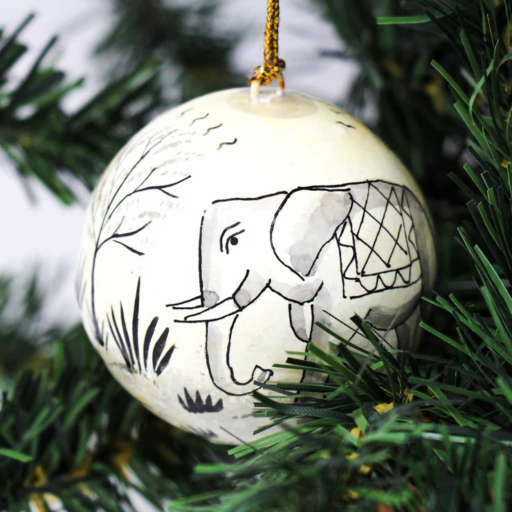 Hand-painted elephant papier-mâché ornament, artisan Christmas decoration handmade in India oshs