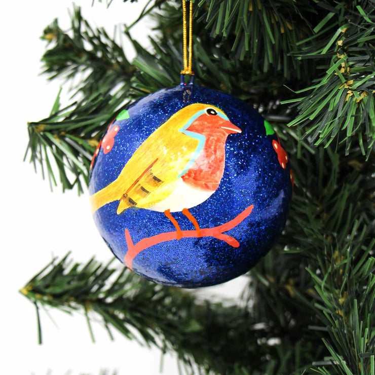 Hand-painted fox ornament for Christmas tree, sustainable artisan holiday décor