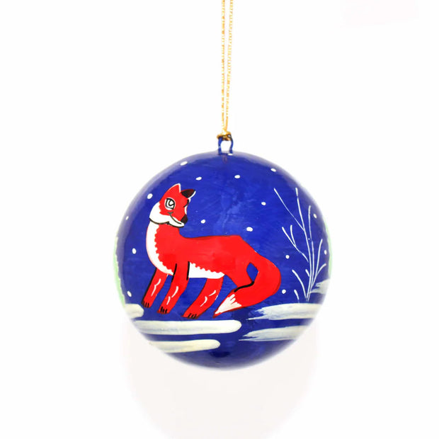 Hand-painted fox ornament for Christmas tree, sustainable artisan holiday décor .