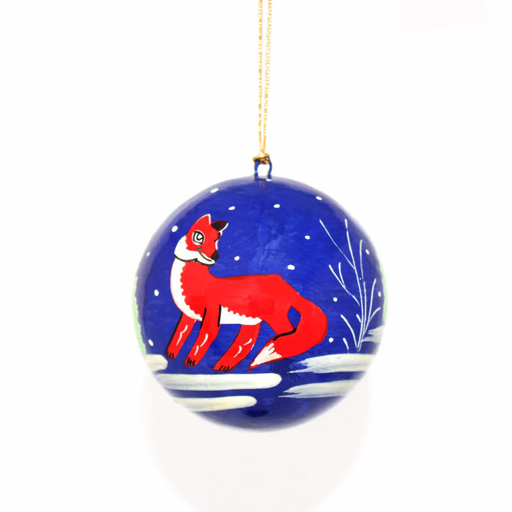 Hand-painted fox ornament for Christmas tree, sustainable artisan holiday décor .