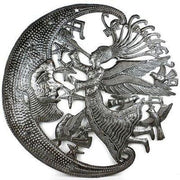 Handmade Haitian metal wall art with angel and moon design, crafted from recycled steel drums