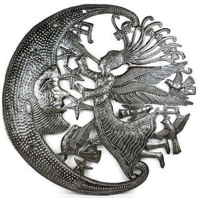 Handmade Haitian metal wall art with angel and moon design, crafted from recycled steel drums