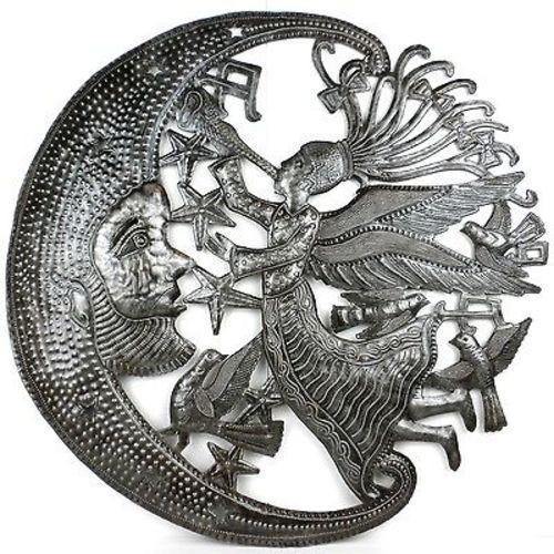 Handmade Haitian metal wall art with angel and moon design, crafted from recycled steel drums