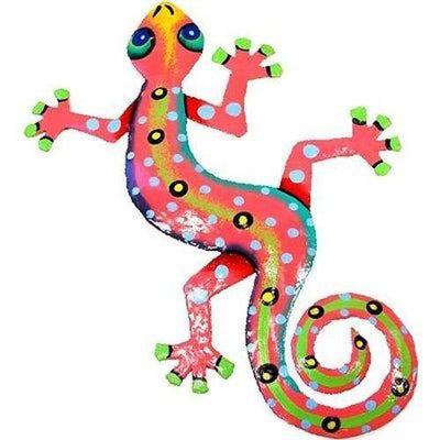 Handcrafted pink metal gecko wall art made from recycled steel drum in Haiti