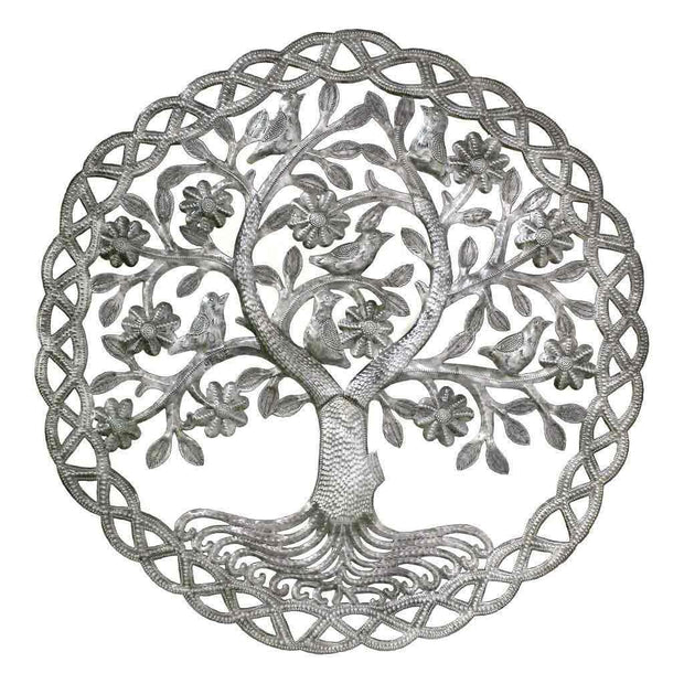 Handmade Haitian metal tree of life wall art crafted from recycled steel drums
