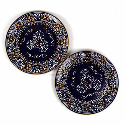 Dinner Plates With Dark Blue And White Mexican Handpainted Design Handmade Fair Trade