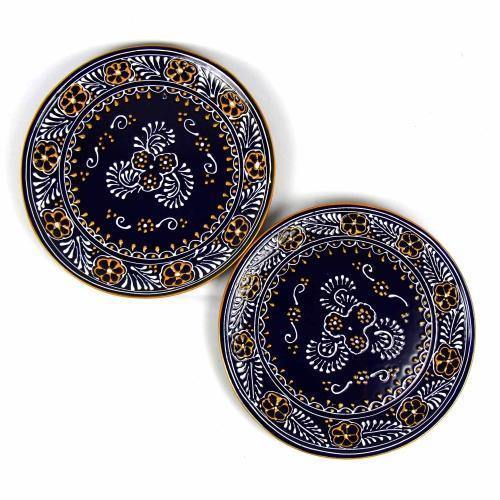 Dinner Plates With Dark Blue And White Mexican Handpainted Design Handmade Fair Trade