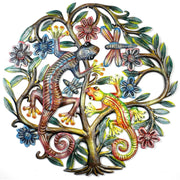 Colorful painted metal Gecko Tree of Life wall art with flowers and lizards.