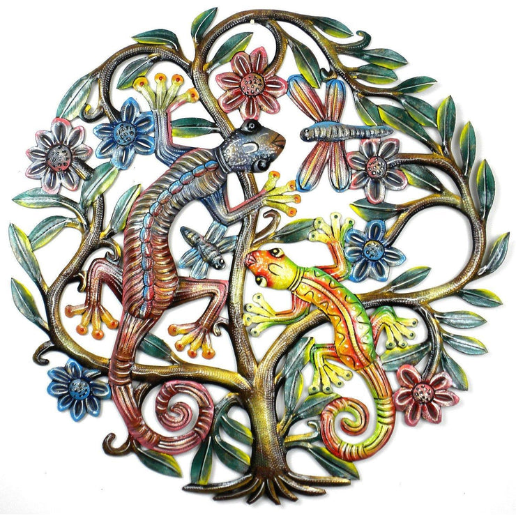 Colorful painted metal Gecko Tree of Life wall art with flowers and lizards.
