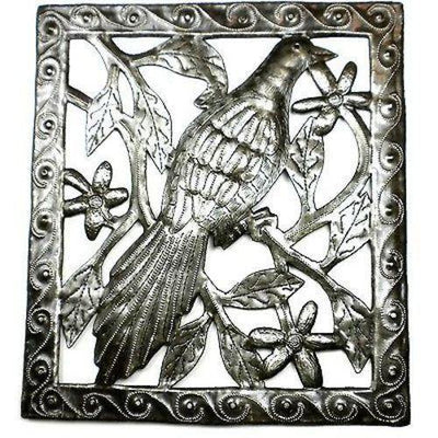 Handmade 11x12 inch Haitian bird wall art crafted from recycled steel drums