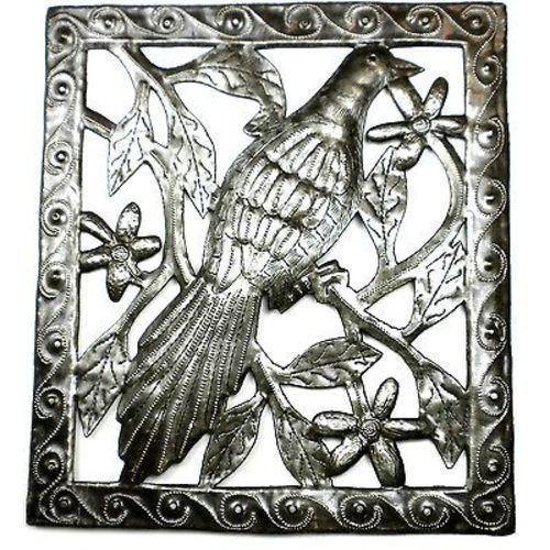 Handmade 11x12 inch Haitian bird wall art crafted from recycled steel drums