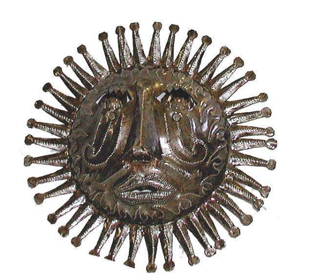 Handmade 10-inch Haitian Sun Face wall art crafted from recycled steel drums