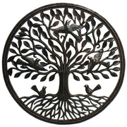 Handmade Haitian metal wall art Tree of Life with birds on roots, 23 inches
