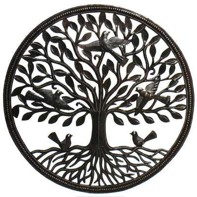 Handmade Haitian metal wall art Tree of Life with birds on roots, 23 inches