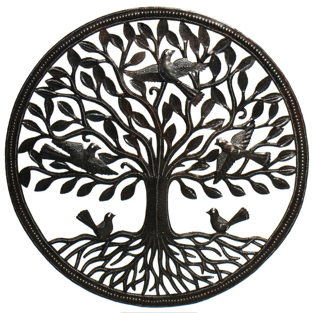 Handmade Haitian metal wall art Tree of Life with birds on roots, 23 inches