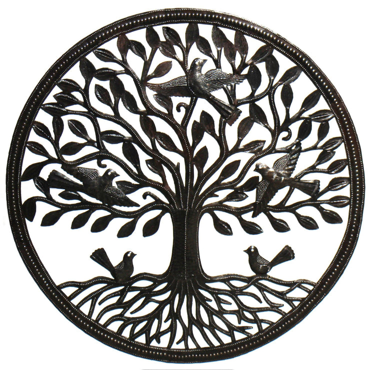 Handmade Haitian metal wall art Tree of Life with birds on roots, 23 inches